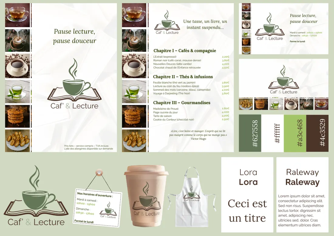 Identité visuelle Caf' & Lecture : logo, cartes, tasses et illustrations